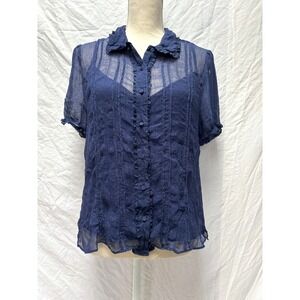 J. Crew Navy Blue Polka Dot Sheer Ruffle Button Up Shirt Blouse Women Size 16